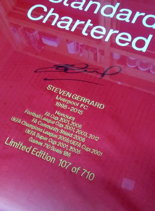 Steven Gerrard 710 signed shirt framed as a gift